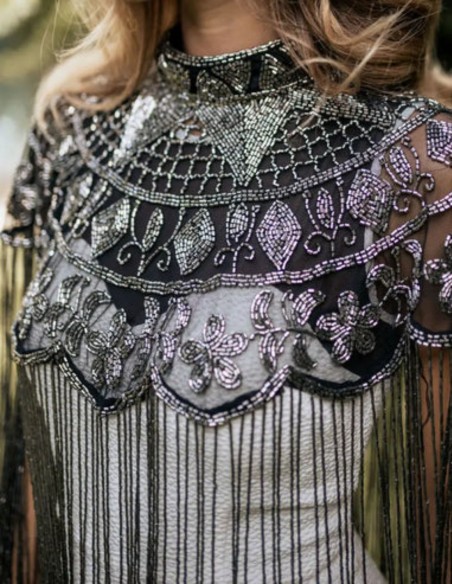 Jeweled cape with sequin embroidery and geometric patterns