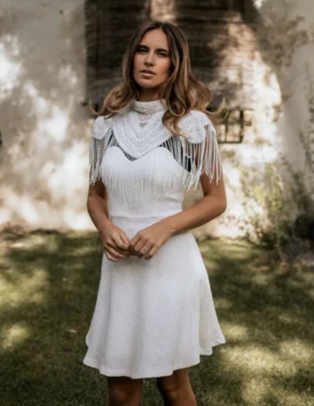 Bridal cape with beaded embroidery in delicate lines