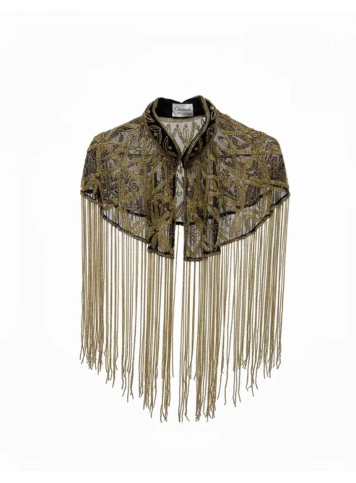 Jeweled cape with geometric embroidery and...
