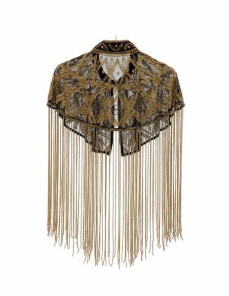 Jeweled cape with geometric embroidery and flowing drape