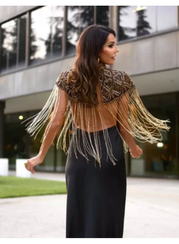 Jeweled cape with geometric embroidery and...