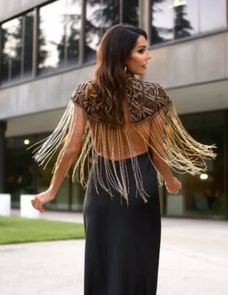 Jeweled cape with geometric embroidery and flowing drape