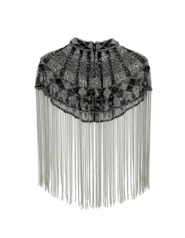 Jeweled cape with sequin embroidery and geometric design