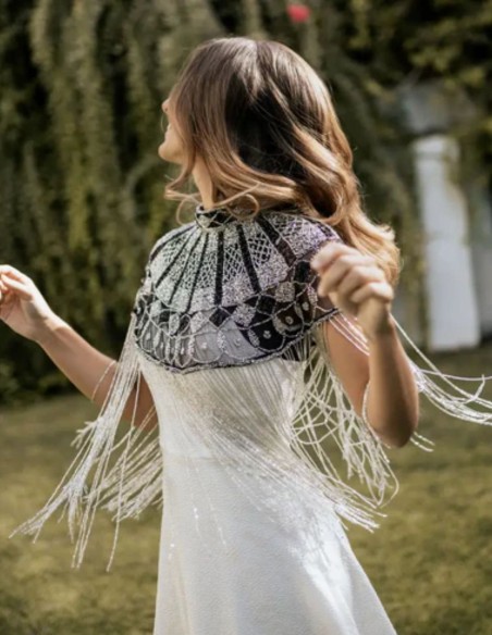 Jeweled cape with sequin embroidery and geometric design