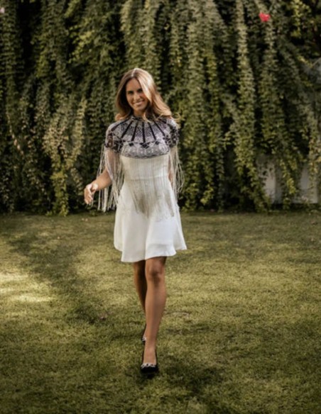 Jeweled cape with sequin embroidery and geometric design