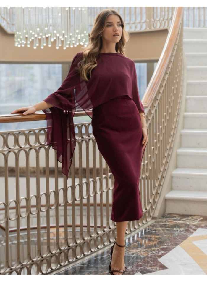 Midi dress with asymmetrical burgundy neckline...