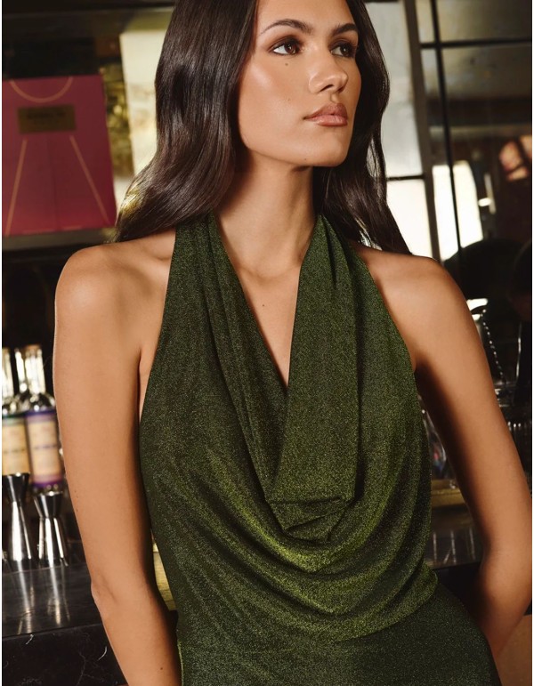 Green long dress in shiny fabric with halter neckline 2