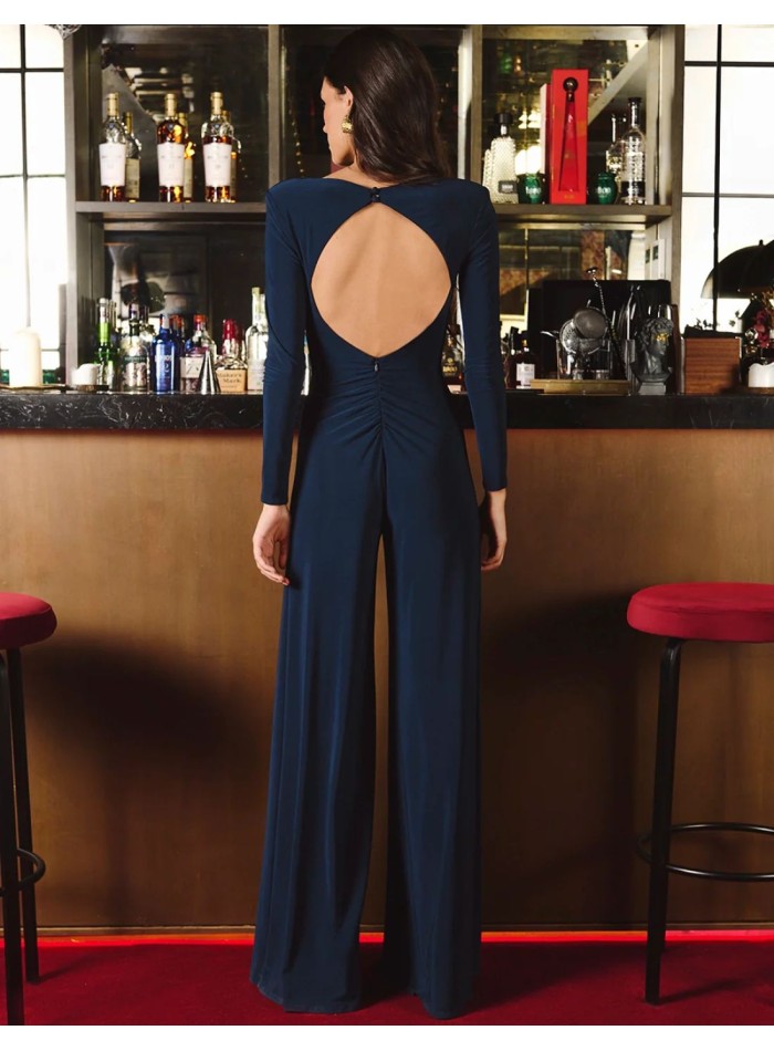Navy blue jumpsuit with ruched bodice and open...