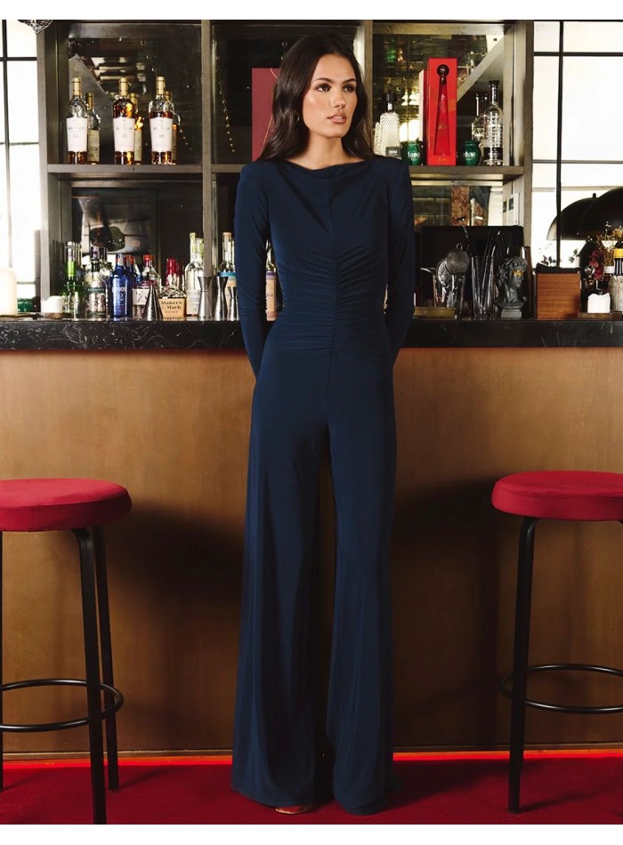 Navy blue jumpsuit with ruched bodice and open...
