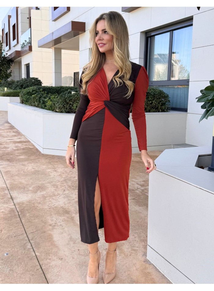 Two-tone brown and russet midi dress with knot...