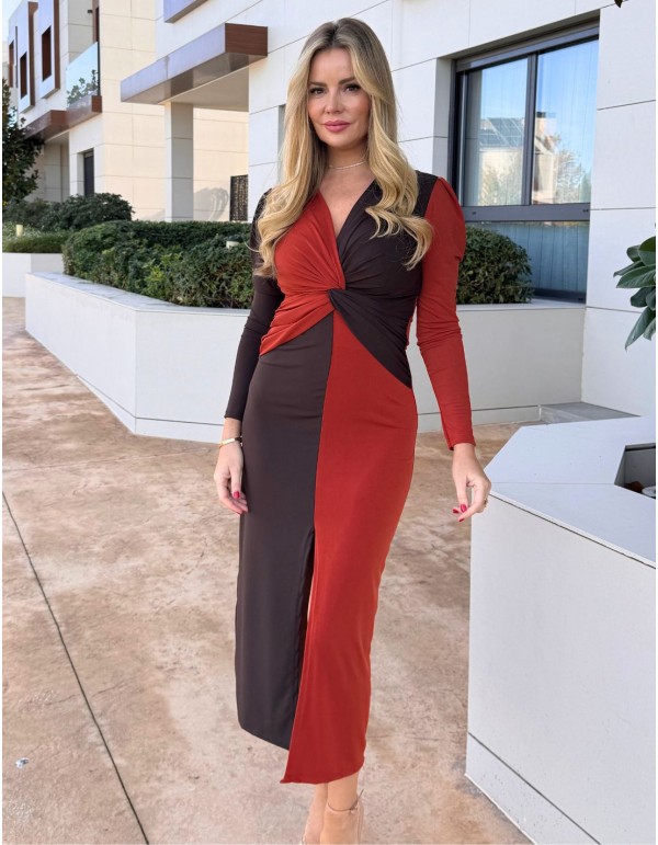 Robe midi bicolore marron et roussâtre avec détail de...