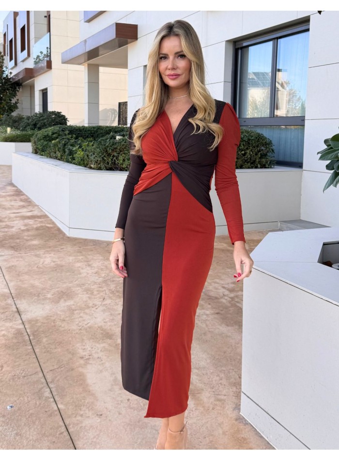 Two-tone brown and russet midi dress with knot...