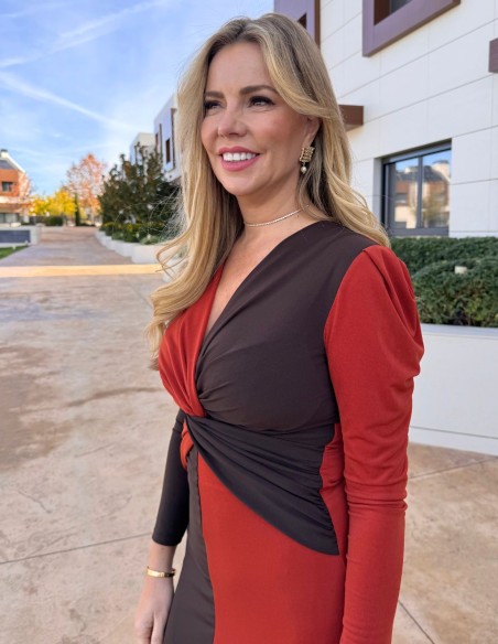 Two-tone brown and russet midi dress with knot detail at the neckline