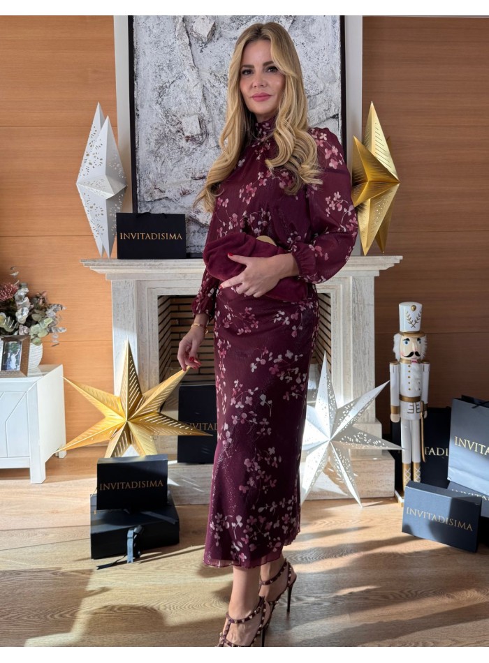 Maroon floral print two-piece ensemble