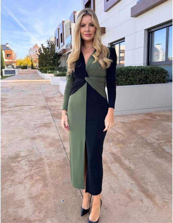 Bicolor green and black midi dress with knot detail on...