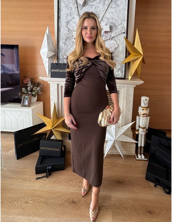 Guest midi dress with bardot neckline in brown velvet