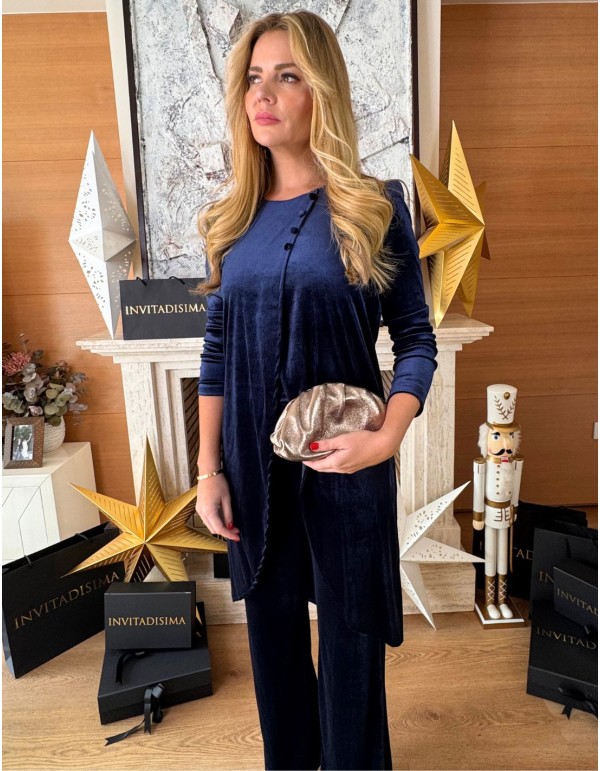 Ensemble en velours bleu marine avec kaftan et pantalon...