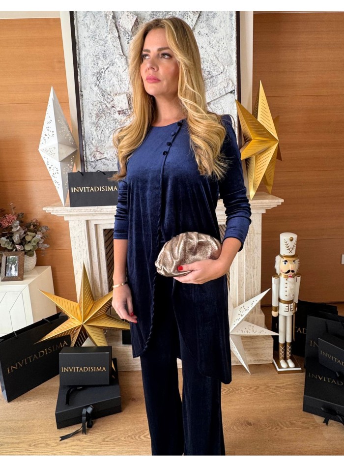 Conjunto de terciopelo azul marino con kaftan y...