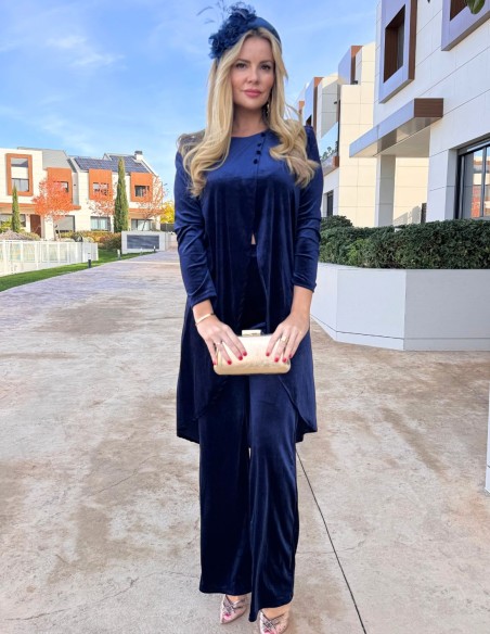 Ensemble en velours bleu marine avec kaftan et pantalon palazzo