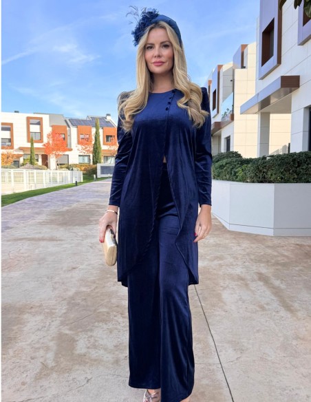 Ensemble en velours bleu marine avec kaftan et pantalon palazzo