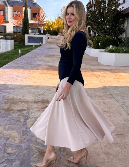 Two-tone navy midi dress with ruffle hemline