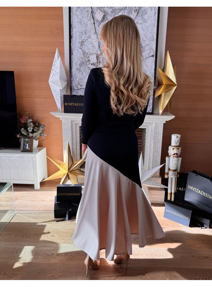 Vestido midi marino bicolor con bajo de volante