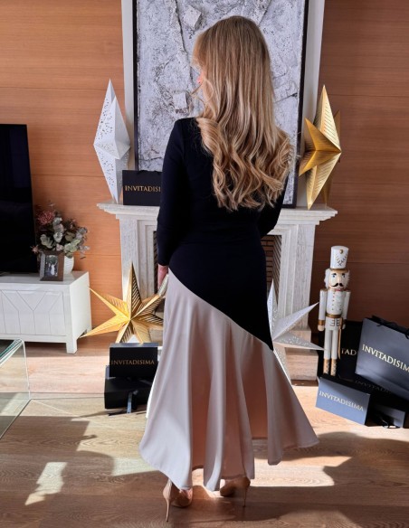 Robe midi bicolore marine avec ourlet à volants