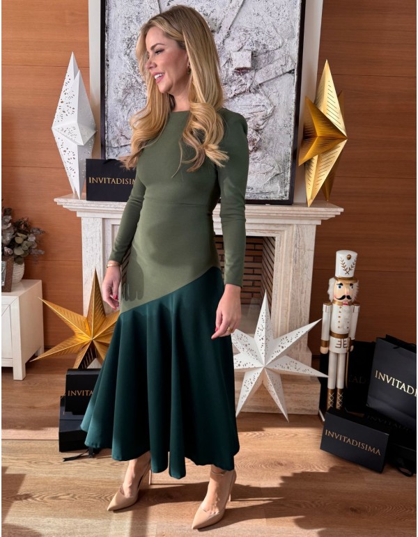 Robe midi bicolore verte avec ourlet à volants