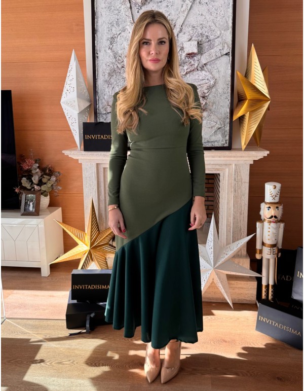Two-tone green midi dress with ruffle hemline 2