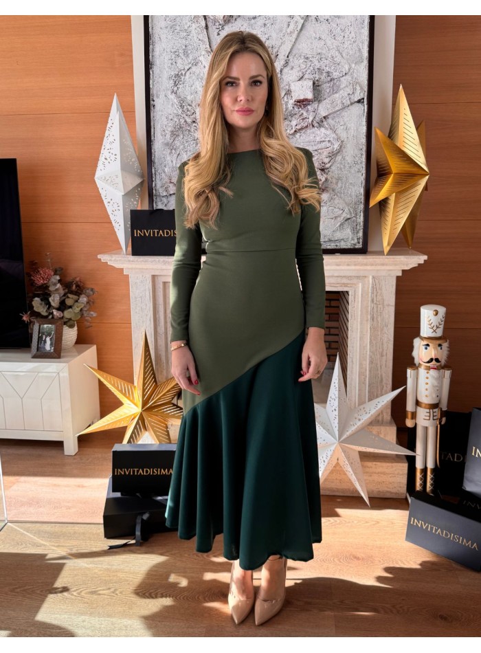 Robe midi bicolore verte avec ourlet à volants
