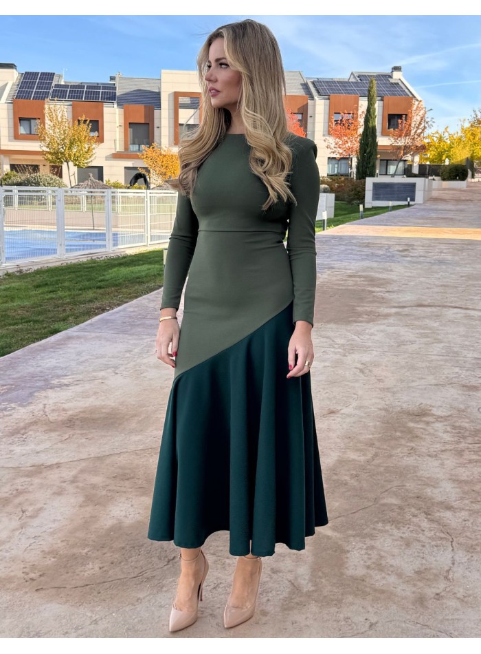 Two-tone green midi dress with ruffle hemline