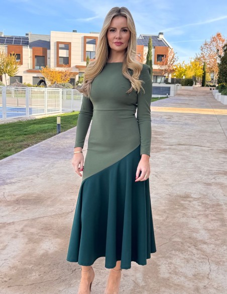 Two-tone green midi dress with ruffle hemline