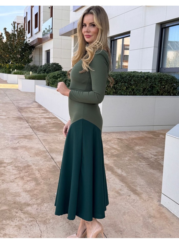 Two-tone green midi dress with ruffle hemline