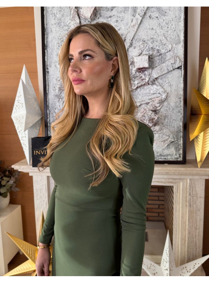 Two-tone green midi dress with ruffle hemline