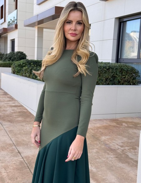 Two-tone green midi dress with ruffle hemline