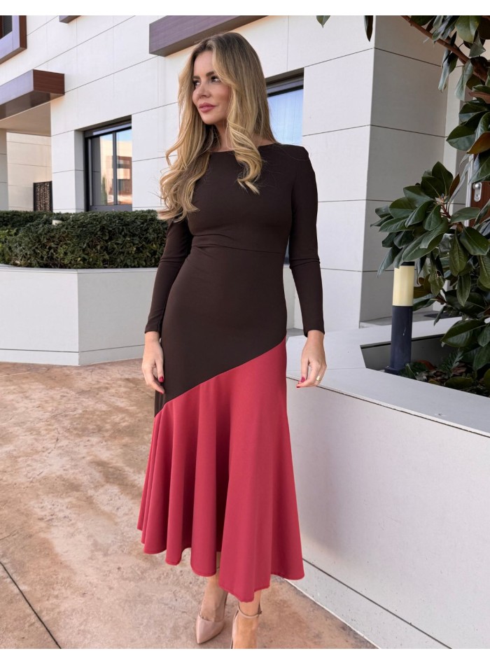 Two-tone brown midi dress with ruffle hemline