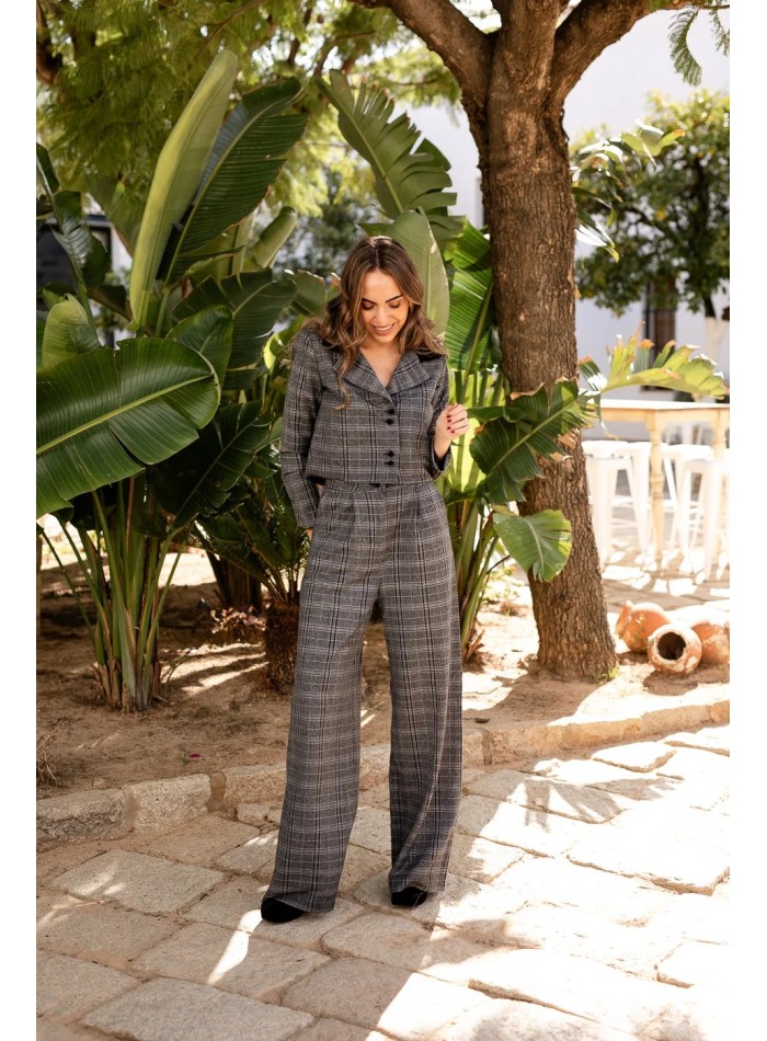 Pantalon long à carreaux gris et noirs