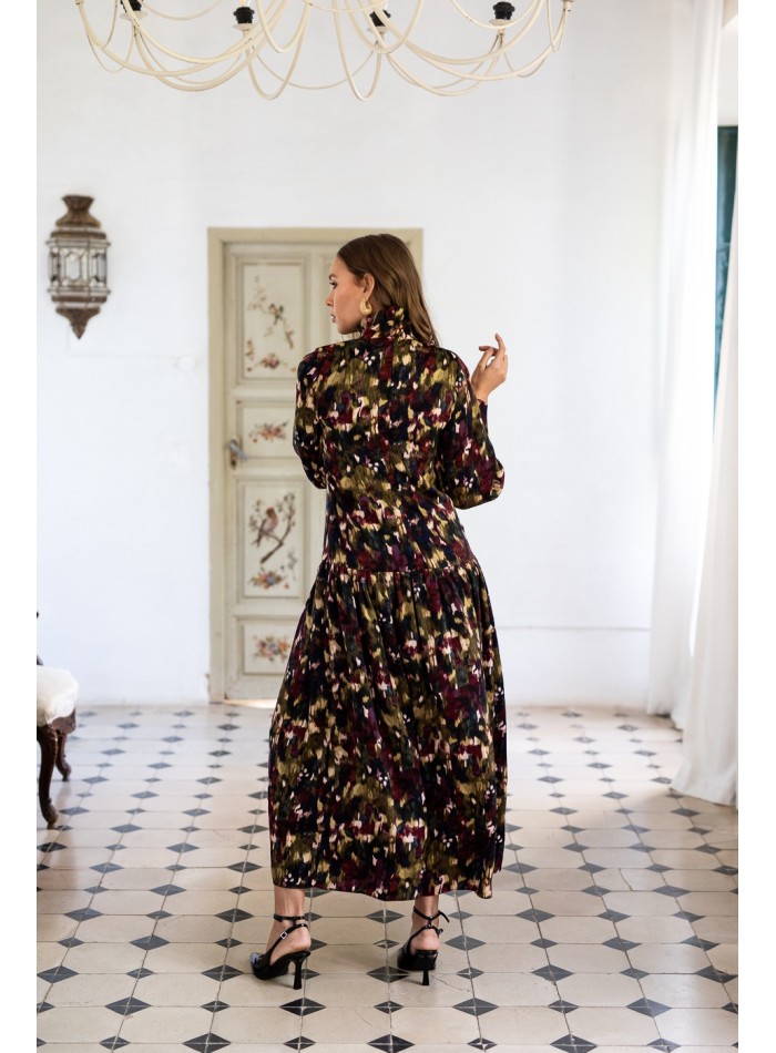 Vestido midi estampado con cadera baja y manga larga para eventos de otoño