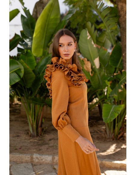 Midi dress with ruffle and long puffed sleeves