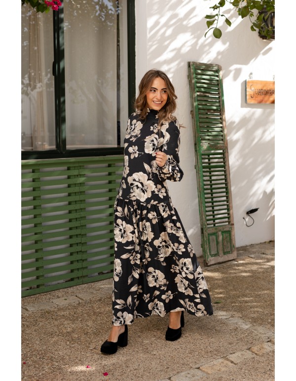 Blue flower print midi dress with long puffed sleeves 2