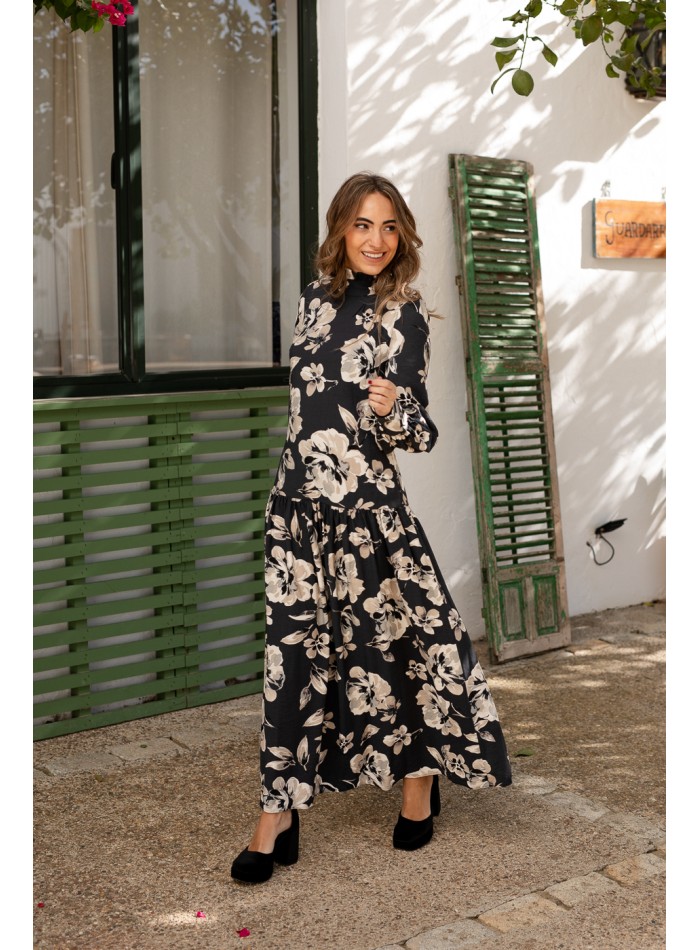 Blue flower print midi dress with long puffed...