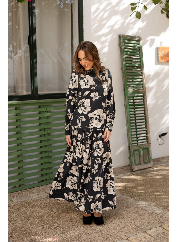 Vestido midi estampado flores azul y manga larga abullonada para ocasiones especiales