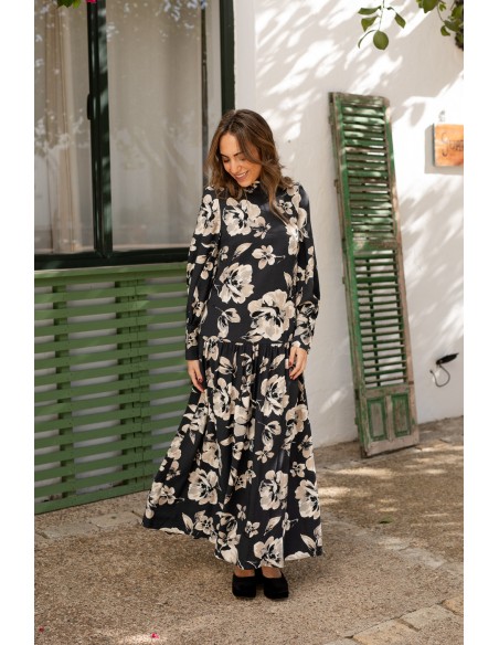 Blue flower print midi dress with long puffed sleeves