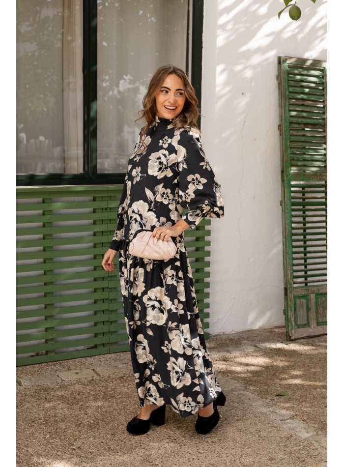 Vestido midi estampado flores azul y manga larga abullonada para bodas de otoño