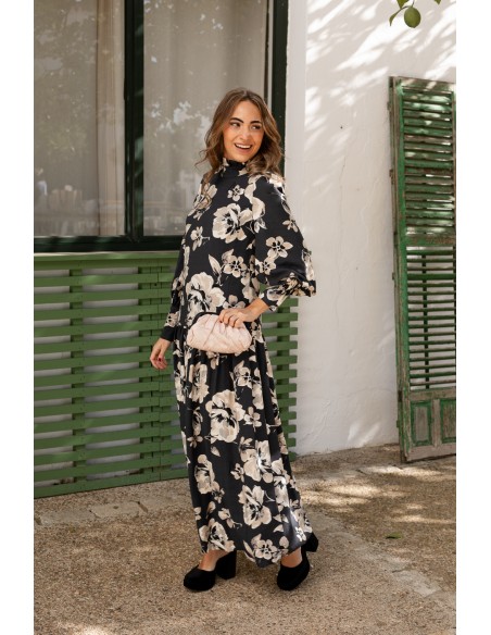 Blue flower print midi dress with long puffed sleeves