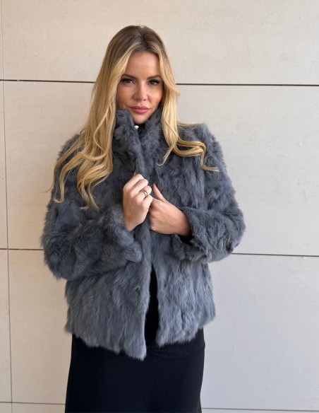 Chaqueta de pelo de conejo color gris para mujer