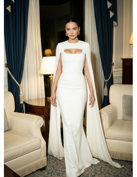Long white dress with cut at the waist and cape included
