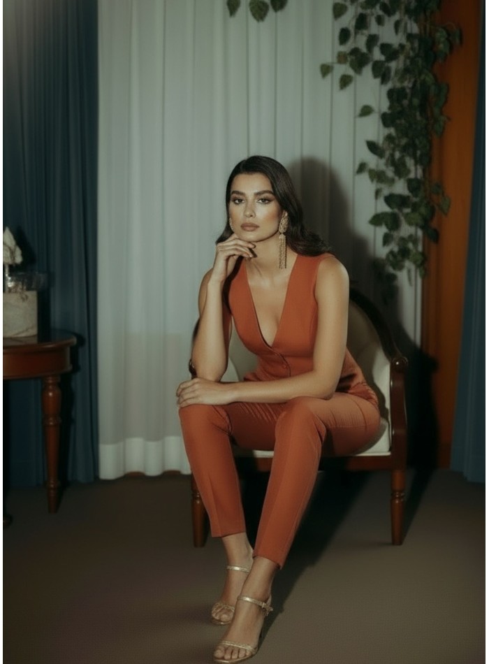 Pantalon taille haute en terracotta avec...