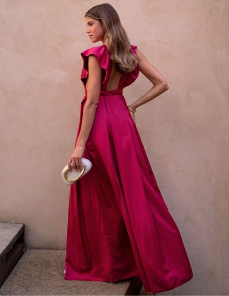 Cherry cherry long dress with ruffles and plunging neckline