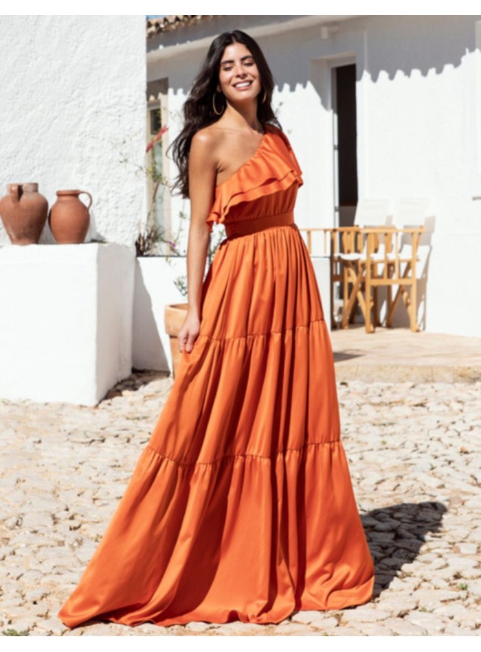 Long orange dress with ruffles and asymmetrical...